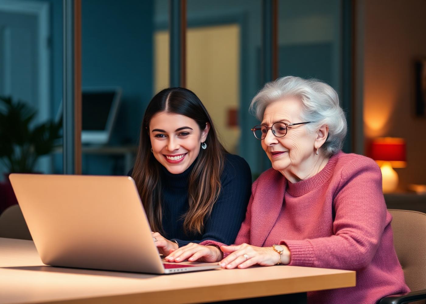 A young woman and her grandmother learning together with a laptop
