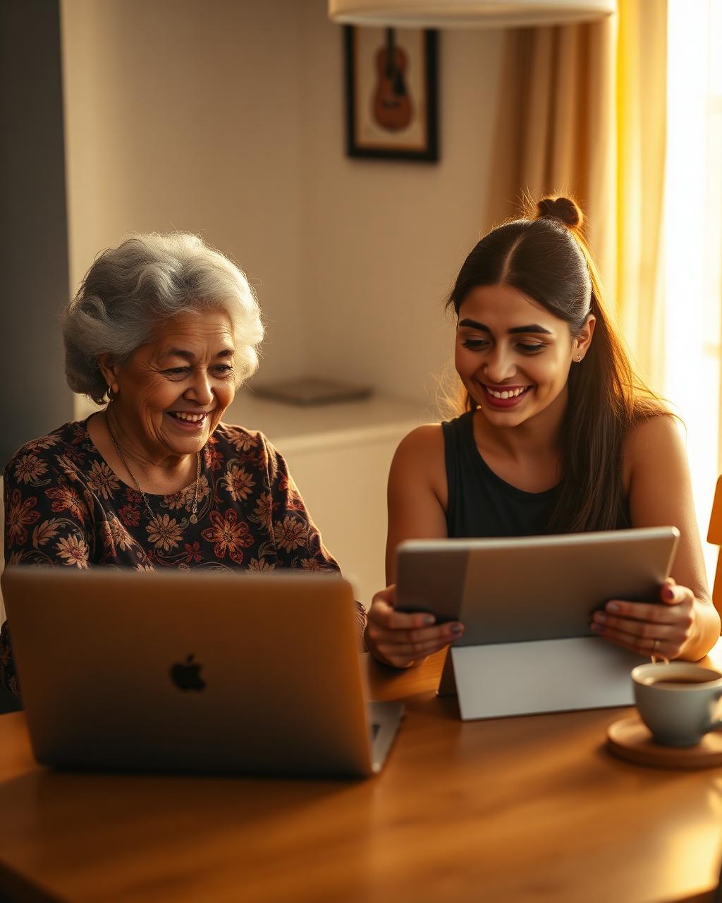 Latina grandmother and granddaughter learning with a laptop and tablet