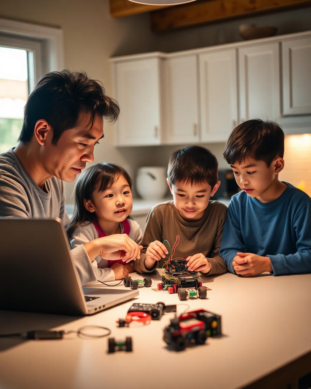 Asian American family building robotics with a laptop