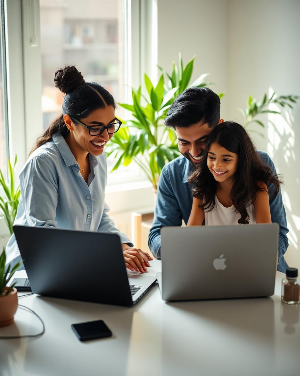 South Asian family coding side by side on dual laptops