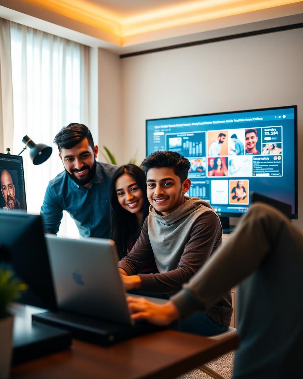 Middle Eastern family designing on a laptop and large monitor