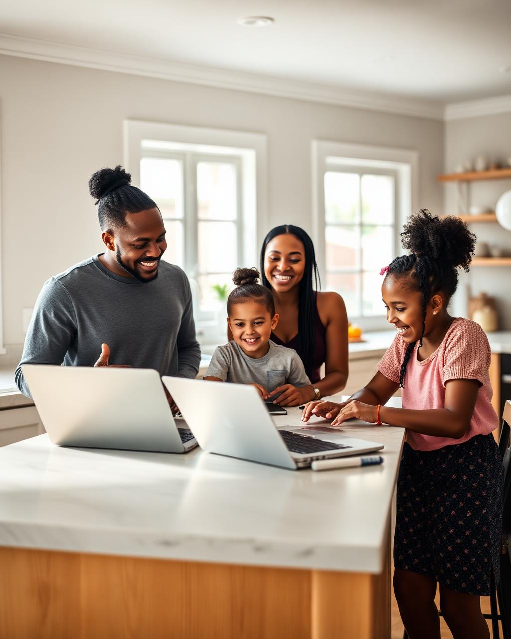 Mixed-race family collaborating on dual laptops in a kitchen